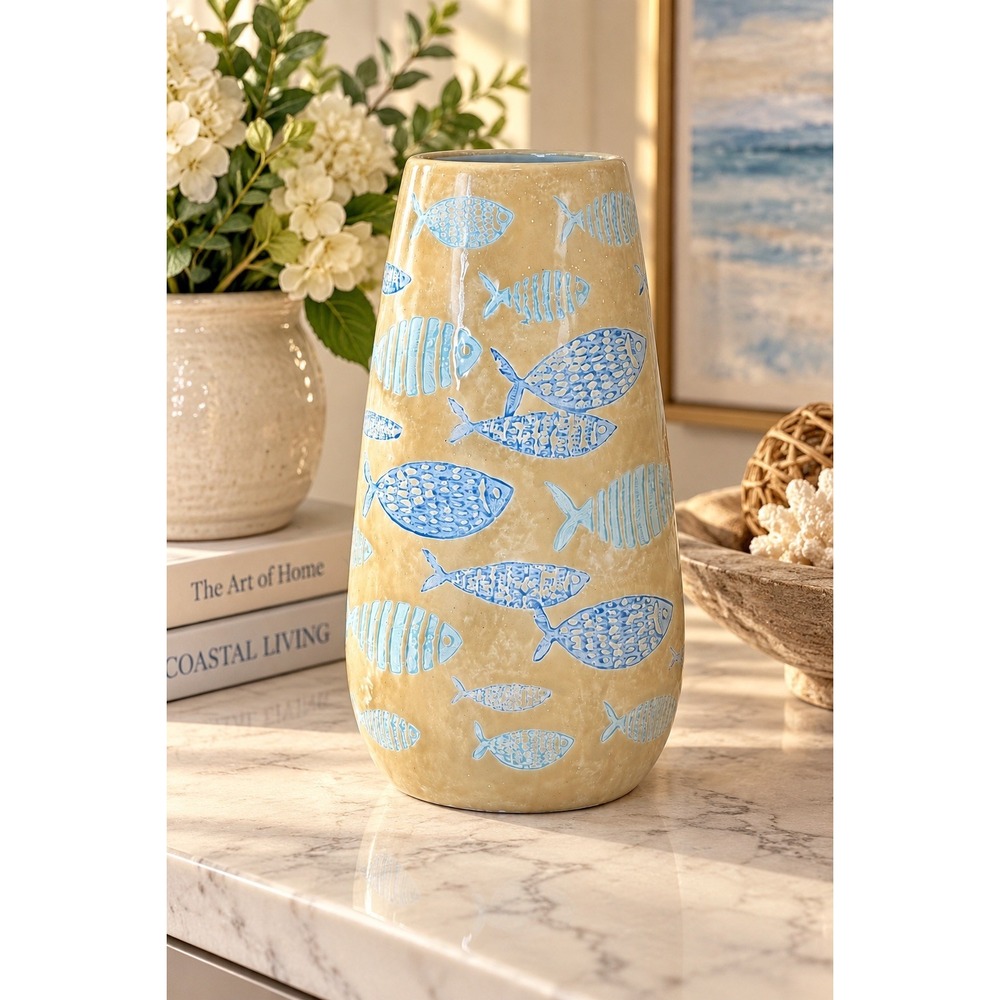 Elements Fish Pattern Ceramic Art Vase Glossy Beige Blue White 13.5in 5192709